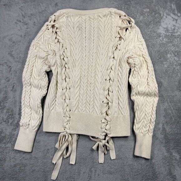 Zara Cream Cable Knit Sweater Lace Up Ribbon Detail Long Sleeve Chunky Preppy S - Picture 6 of 9